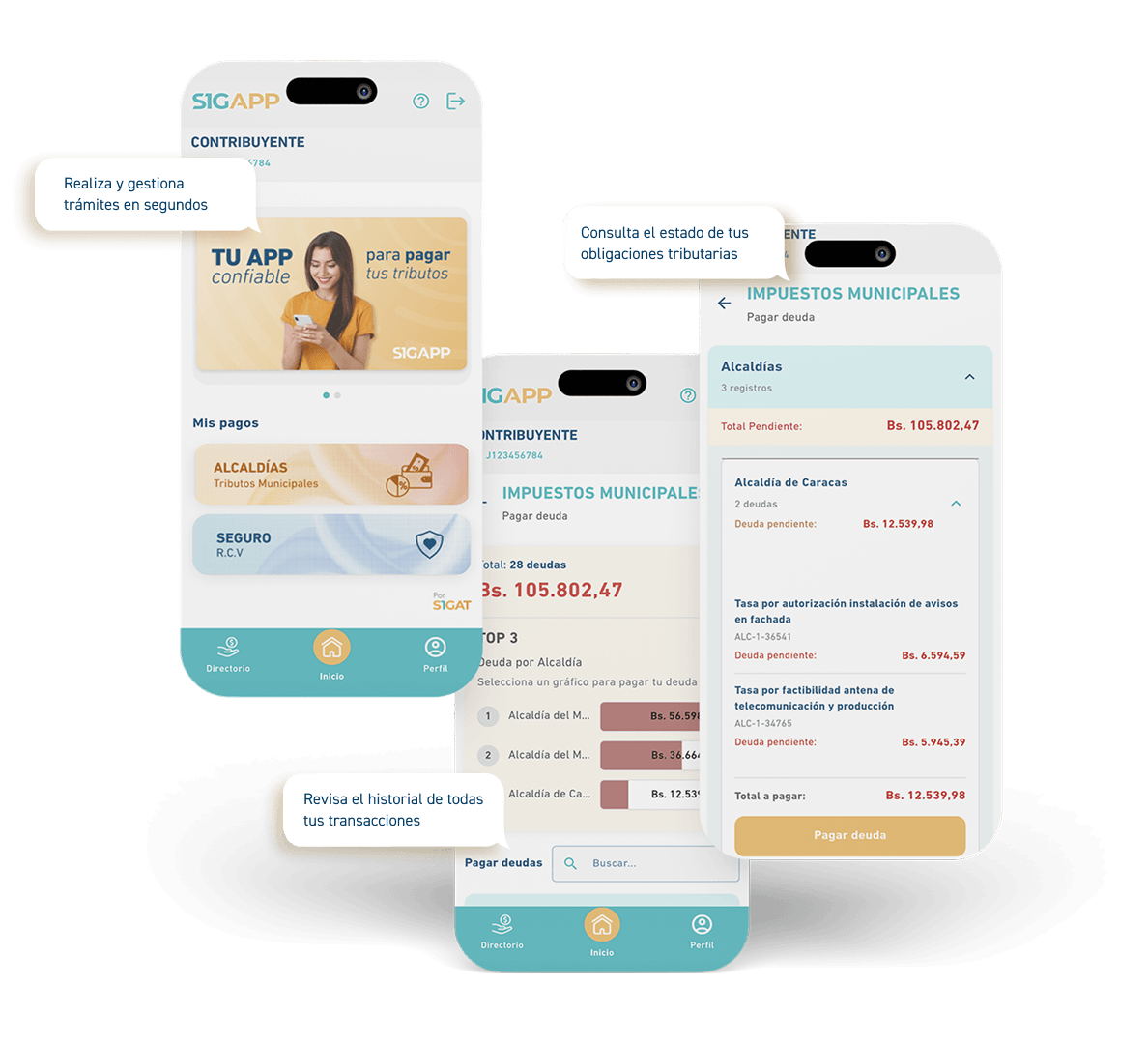 Muestras de las pantallas de SIGAPP, una app permite realizar trámites, consultar el estado de tributos municipales y más.